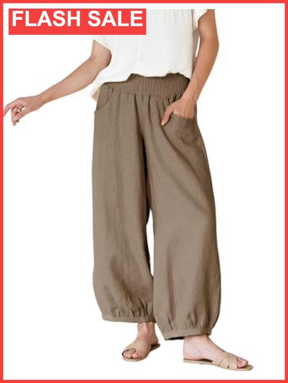 Womens Wide Leg Barrel Pants Cotton Linen Elastic Waist Trouser